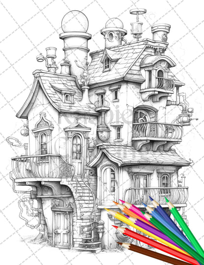 50 Steampunk Houses Grayscale Coloring Pages Printable for Adults, PDF File Instant Download