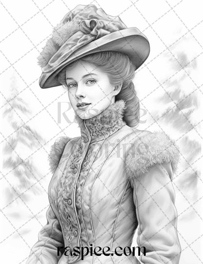 60 Victorian Winter Portrait Grayscale Coloring Pages Printable for Adults, PDF File Instant Download