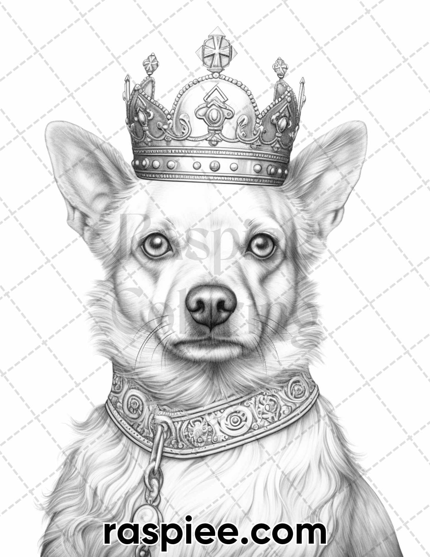 50 Royal King Dog Grayscale Coloring Pages for Adults, Printable PDF Instant Download
