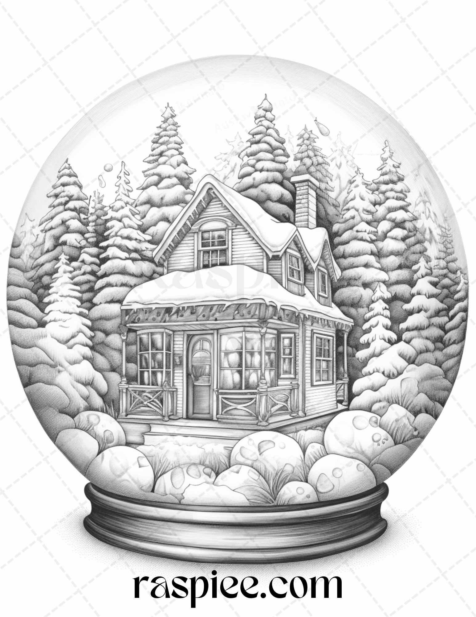 Cozy Cabin in Snow Globe Grayscale Coloring Pages Printable for Adults, PDF File Instant Download