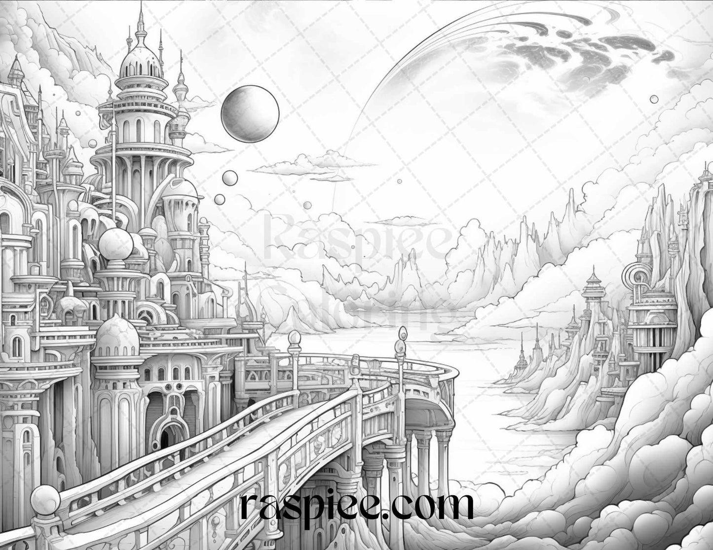 55 Celestial Landscapes Grayscale Coloring Pages Printable for Adults, PDF File Instant Download