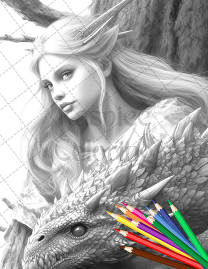 Enchanted Dragon Queens Grayscale Coloring Pages Printable for Adults, PDF File Instant Download