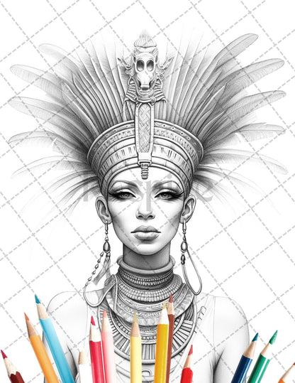 35 Ancient Egyptian Queens Coloring Book Printable for Adults, Grayscale Coloring Page, PDF File Instant Download