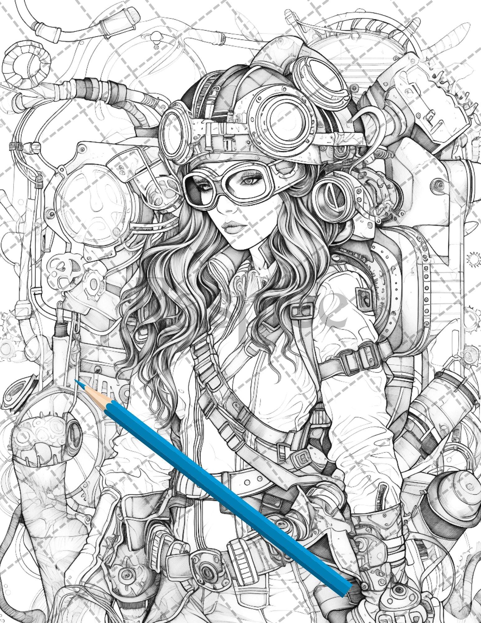 30 Steampunk Girls Coloring Pages Printable for Adults, Victorian Inspired Adult Grayscale Coloring Book, PDF File Download