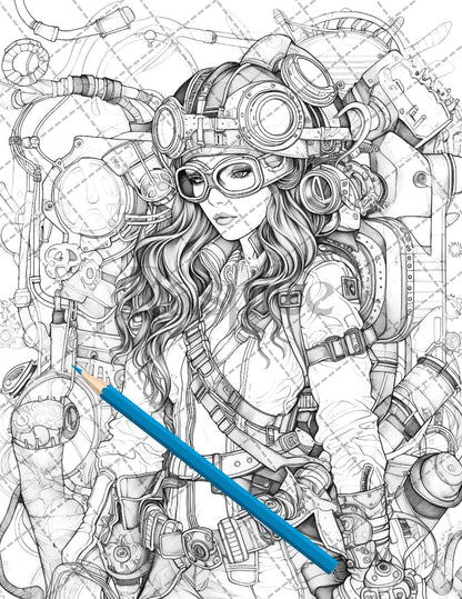 30 Steampunk Girls Coloring Pages Printable for Adults, Victorian Inspired Adult Grayscale Coloring Book, PDF File Download