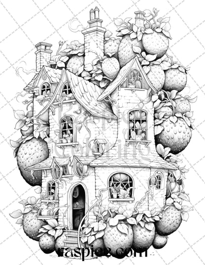 50 Strawberry Houses Grayscale Coloring Pages Printable for Adults Kids, PDF File Instant Download