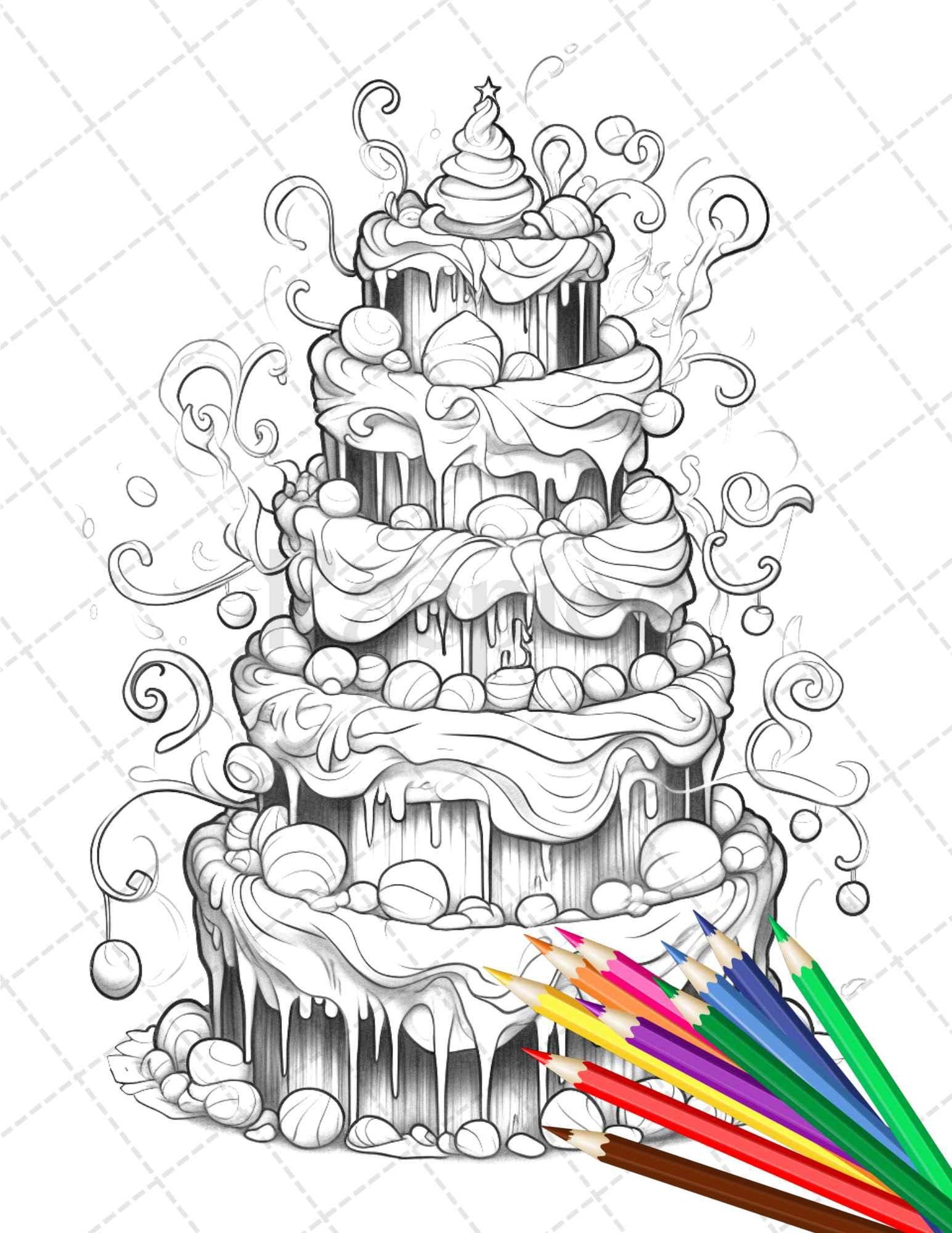 38 Whimsical Cakes Grayscale Coloring Pages for Adults, PDF File Instant Download