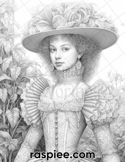 65 Elizabethan Women Portraits Grayscale Adult Coloring Pages, Printable PDF Instant Download