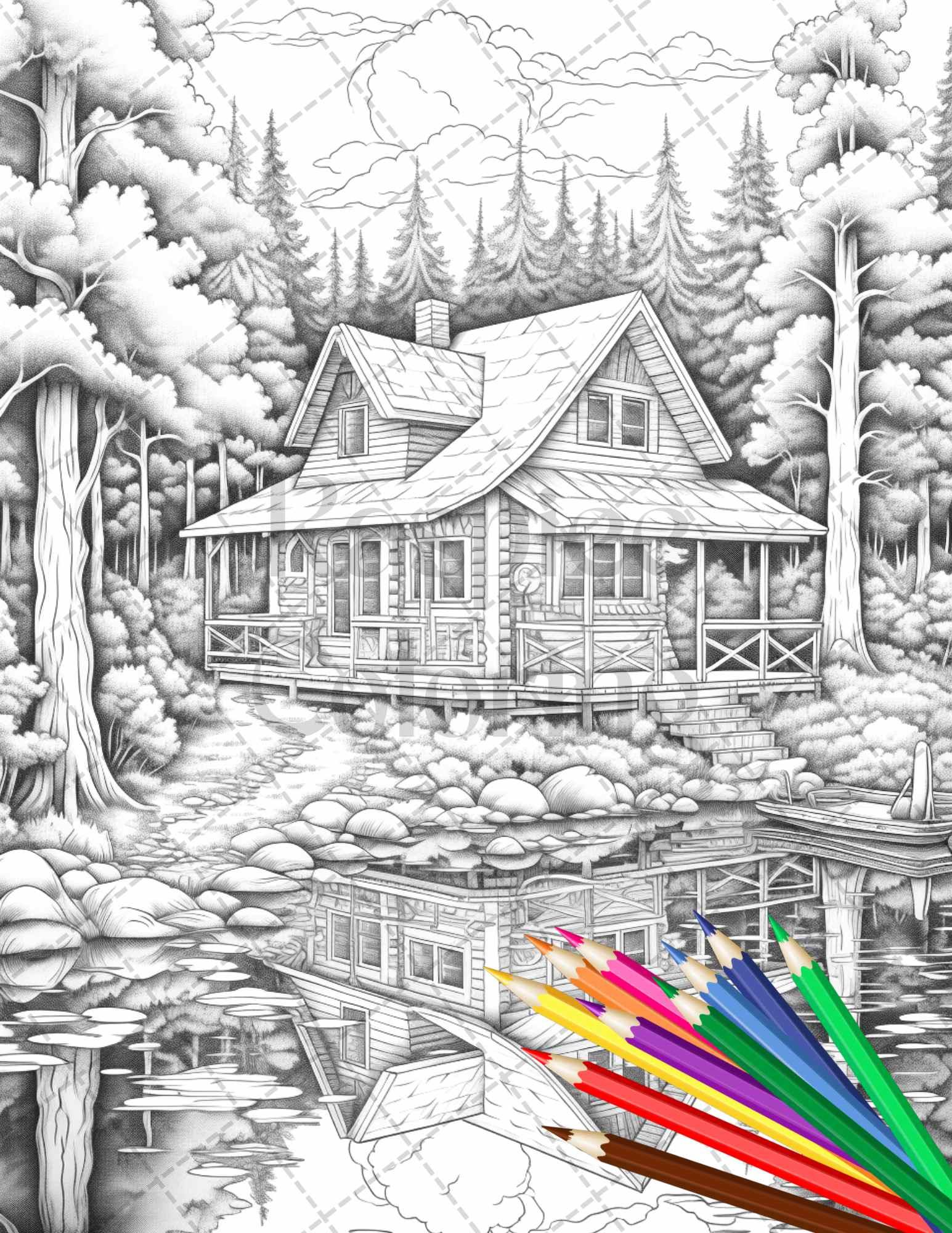 Lake Cabin Scenery Grayscale Coloring Pages Printable for Adults, PDF File Instant Download