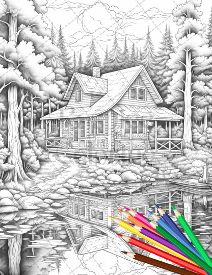 Lake Cabin Scenery Grayscale Coloring Pages Printable for Adults, PDF File Instant Download