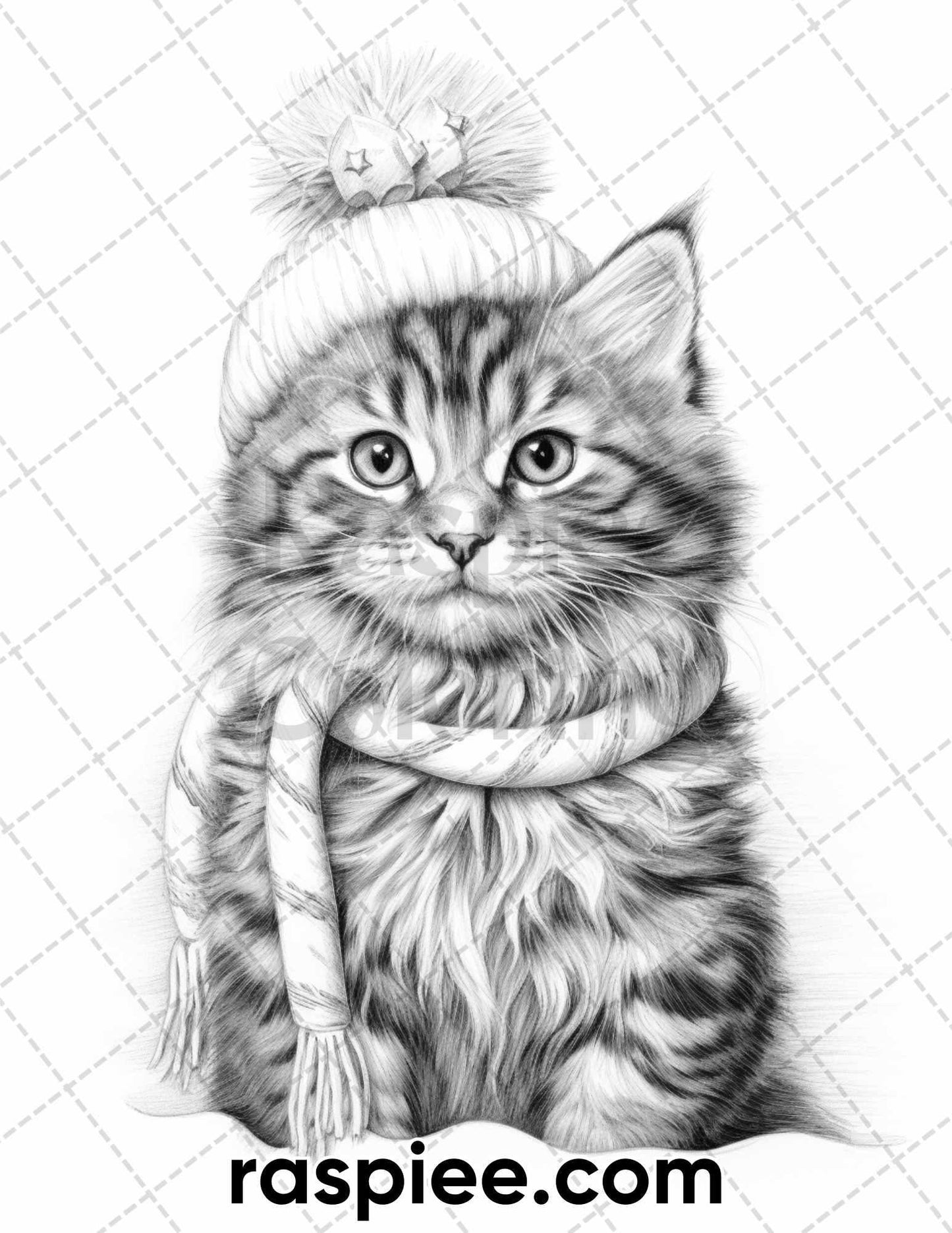40 Christmas Cats Grayscale Coloring Pages for Adults, Printable PDF Instant Download