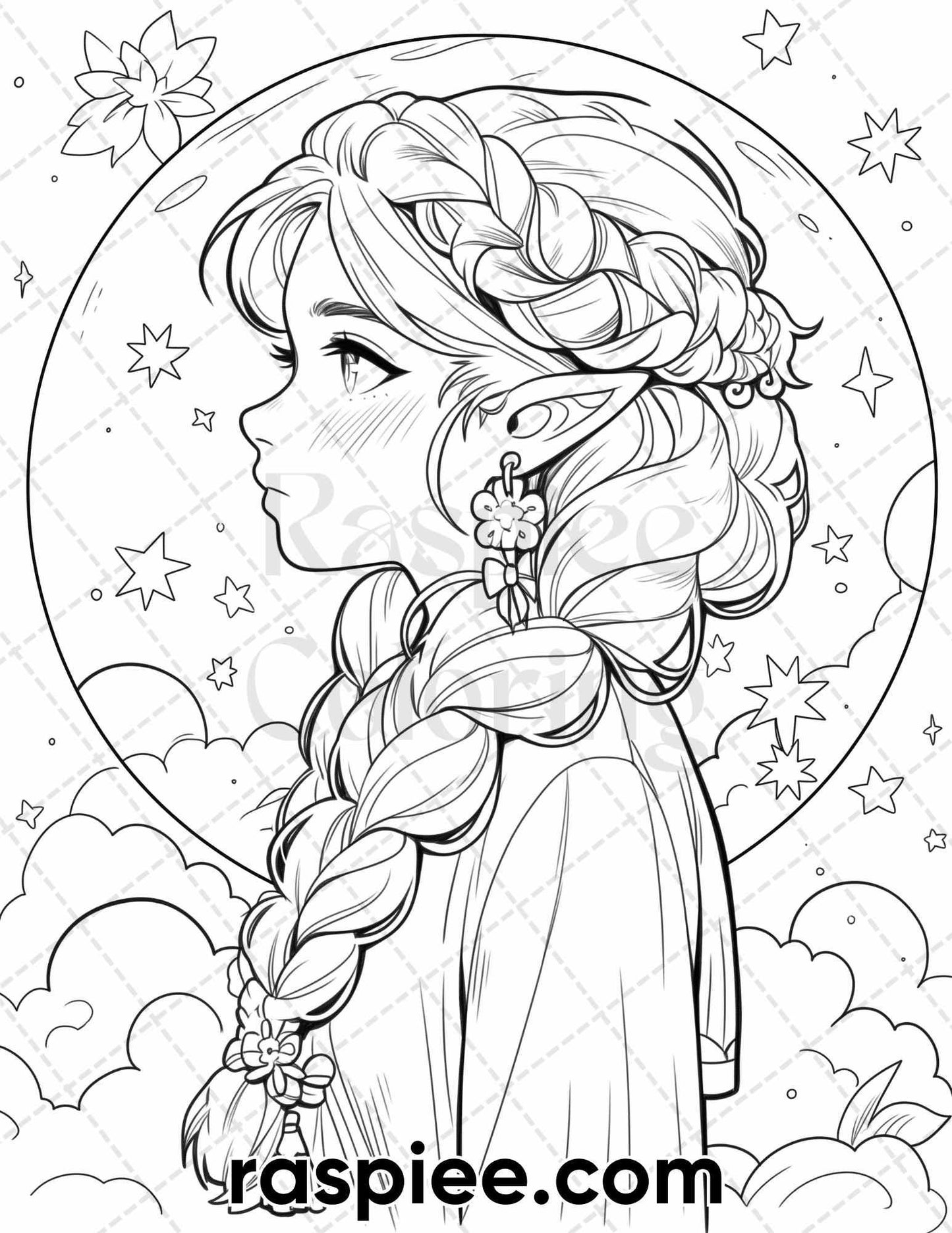 52 Cute Druid Girl Grayscale Coloring Pages for Adults, Printable PDF Instant Download