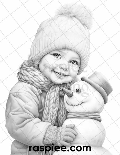 50 Baby Winter Portrait Grayscale Coloring Pages Printable for Adults, PDF File Instant Download