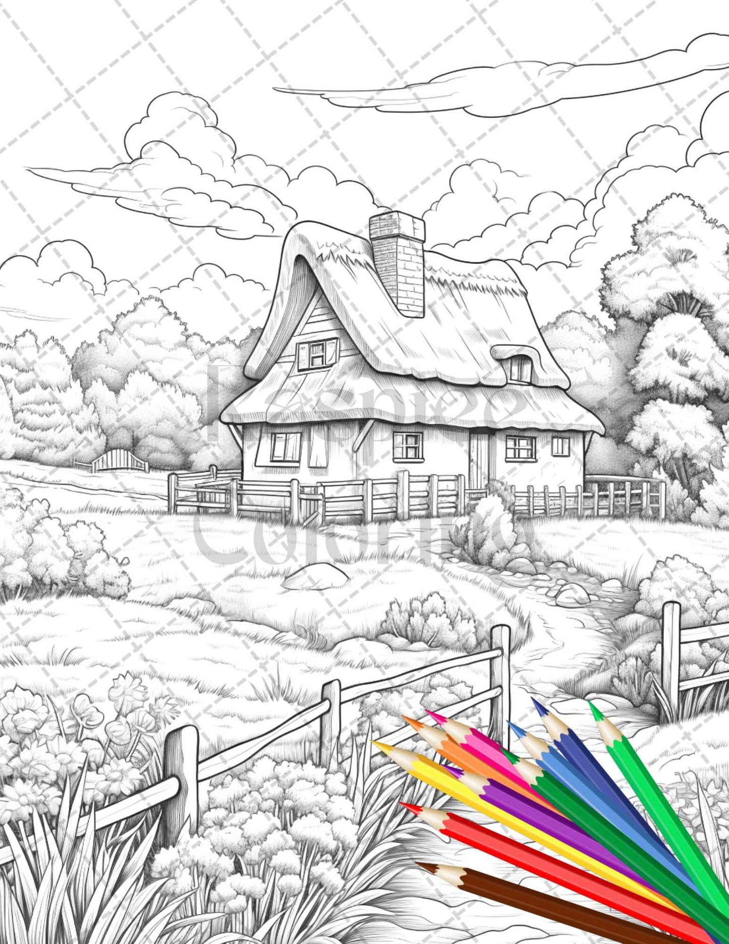 Charming Farmhouse Scenery Grayscale Coloring Pages Printable for Adults, PDF File Instant Download