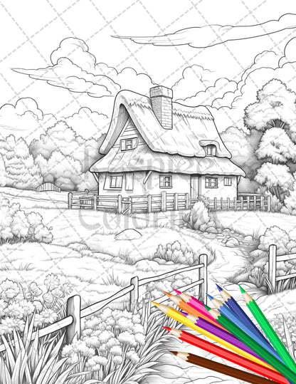 Charming Farmhouse Scenery Grayscale Coloring Pages Printable for Adults, PDF File Instant Download