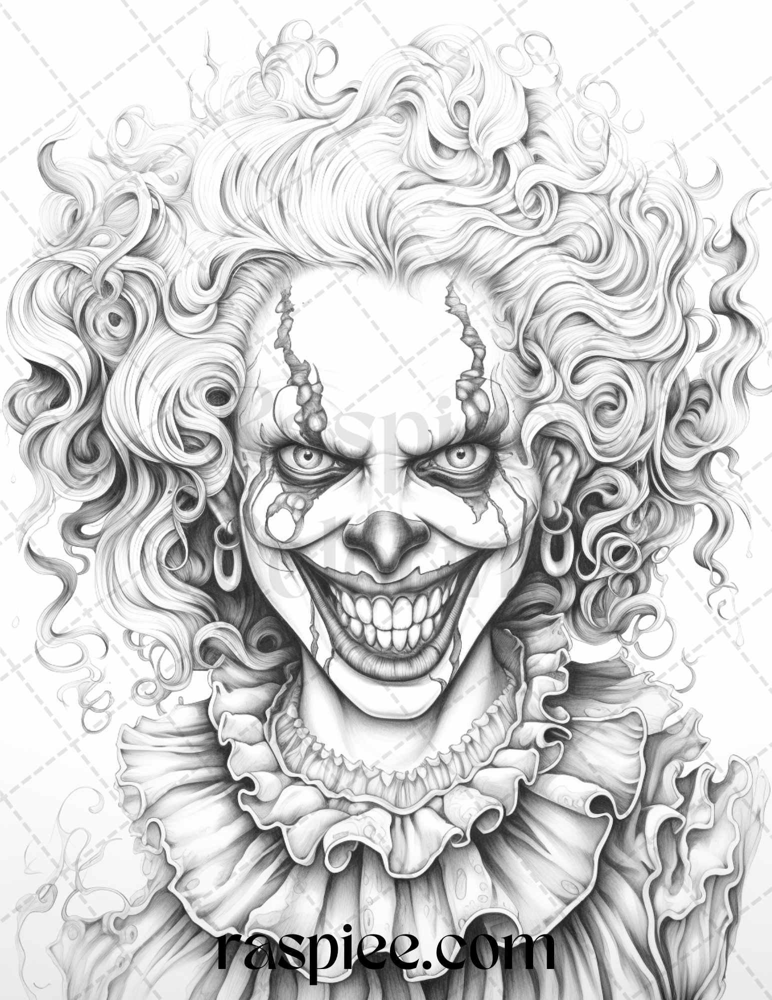50 Scary Clown Girls Grayscale Coloring Pages Printable for Adults, PDF File Instant Download