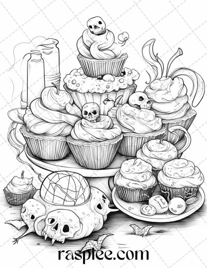 68 Halloween Spooky Desserts Grayscale Coloring Pages Printable for Adults, PDF File Instant Download