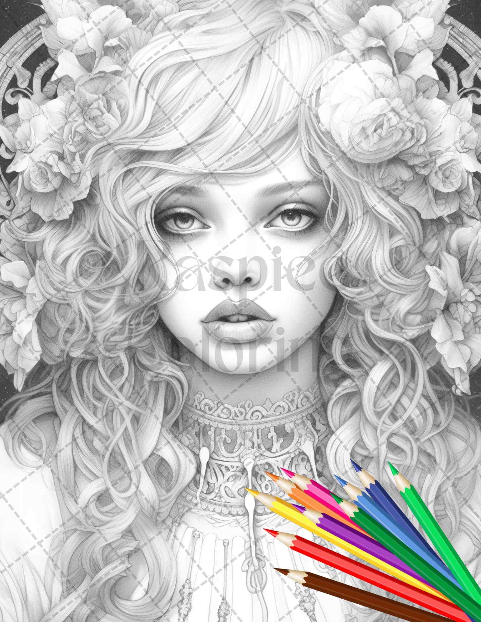 40 Beautiful Gothic Girls Grayscale Coloring Pages Printable for Adults, PDF File Instant Download