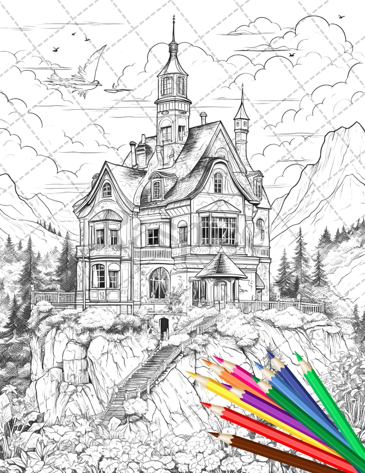 122 Fantasy Castles Coloring Book for Adults, Grayscale Coloring Page, Printable PDF Instant Download
