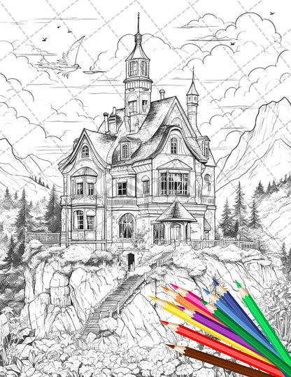 122 Fantasy Castles Coloring Book for Adults, Grayscale Coloring Page, Printable PDF Instant Download