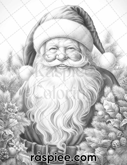 63 Christmas Santa Claus Grayscale Coloring Pages for Adults, Printable PDF Instant Download