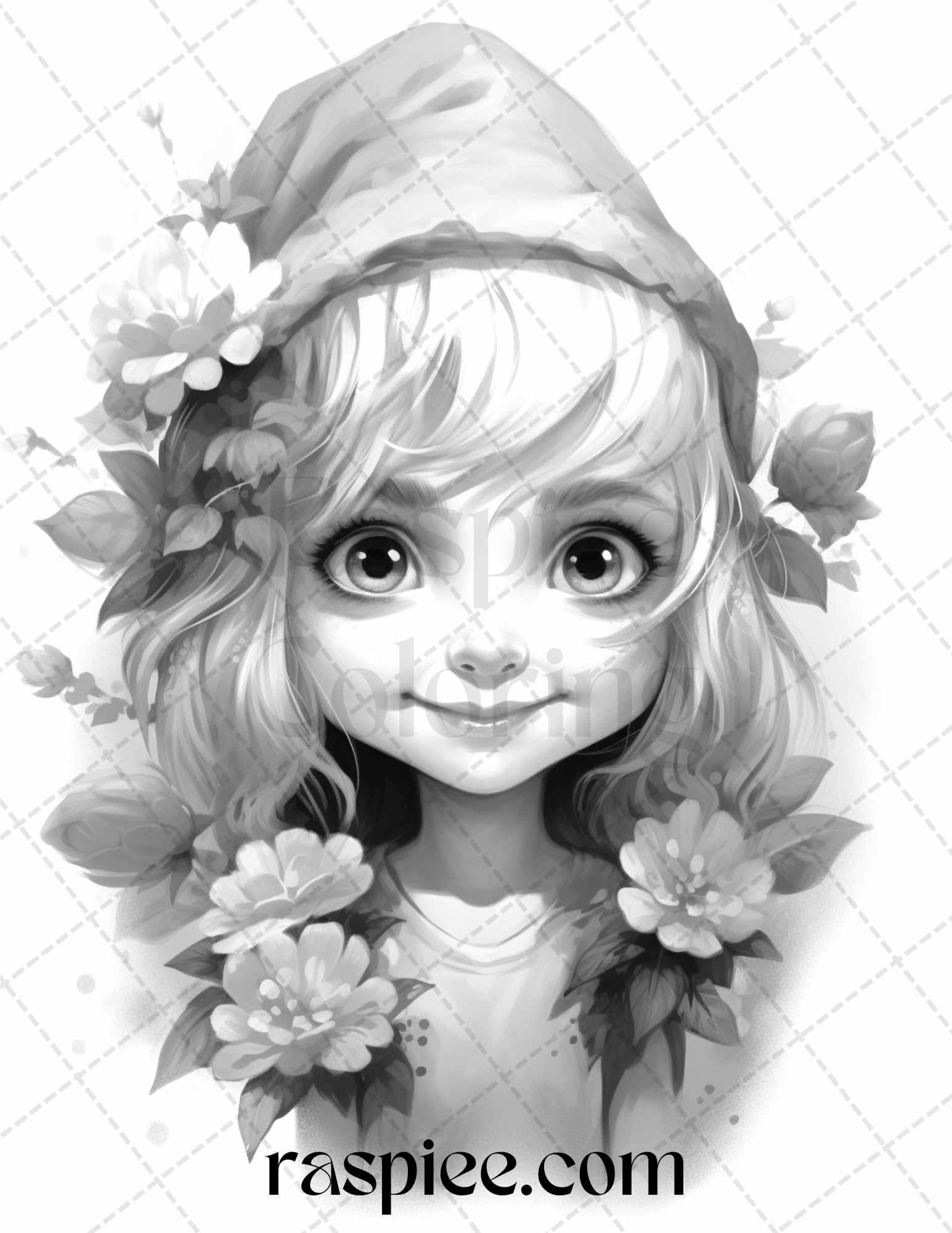 50 Flower Gnomes Grayscale Coloring Pages Printable for Adults Kids, PDF File Instant Download