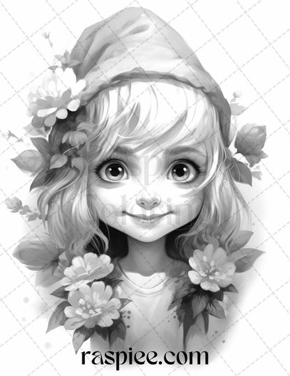 50 Flower Gnomes Grayscale Coloring Pages Printable for Adults Kids, PDF File Instant Download
