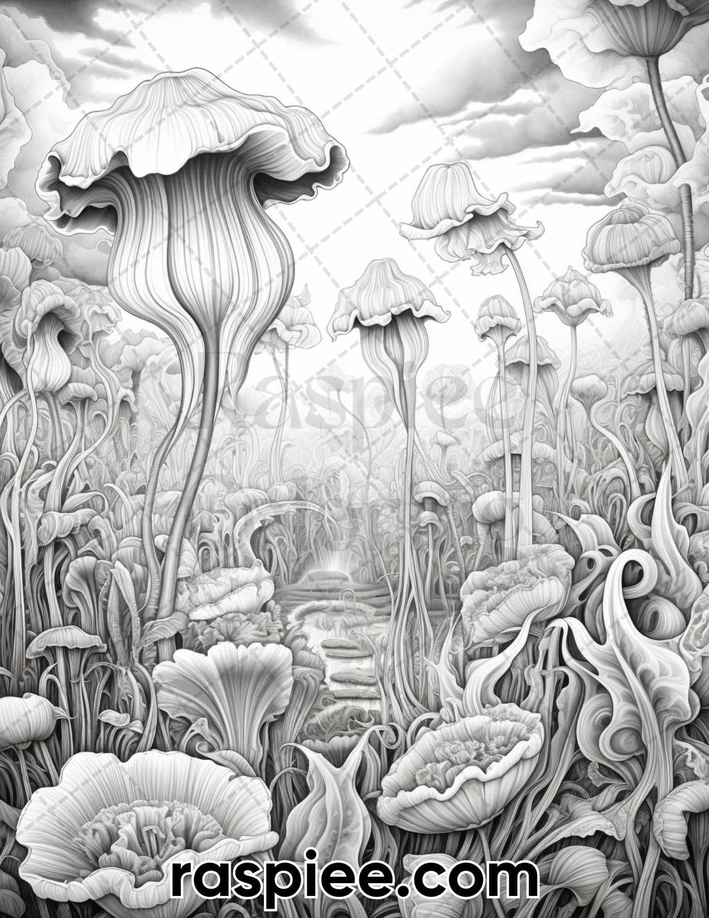 55 Fantasy Flowers Grayscale Coloring Pages for Adults, Printable PDF File Instant Download
