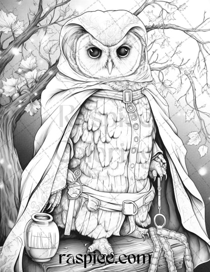 Halloween Witch Owl Grayscale Coloring Pages for Adults and Kids, Printable PDF Instant Download