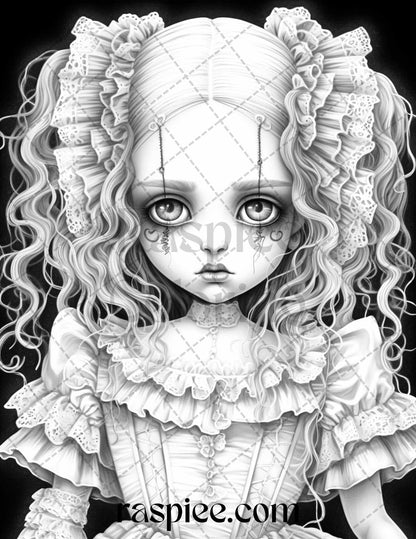 50 Scary Victorian Dolls Grayscale Coloring Pages Printable for Adults, PDF File Instant Download