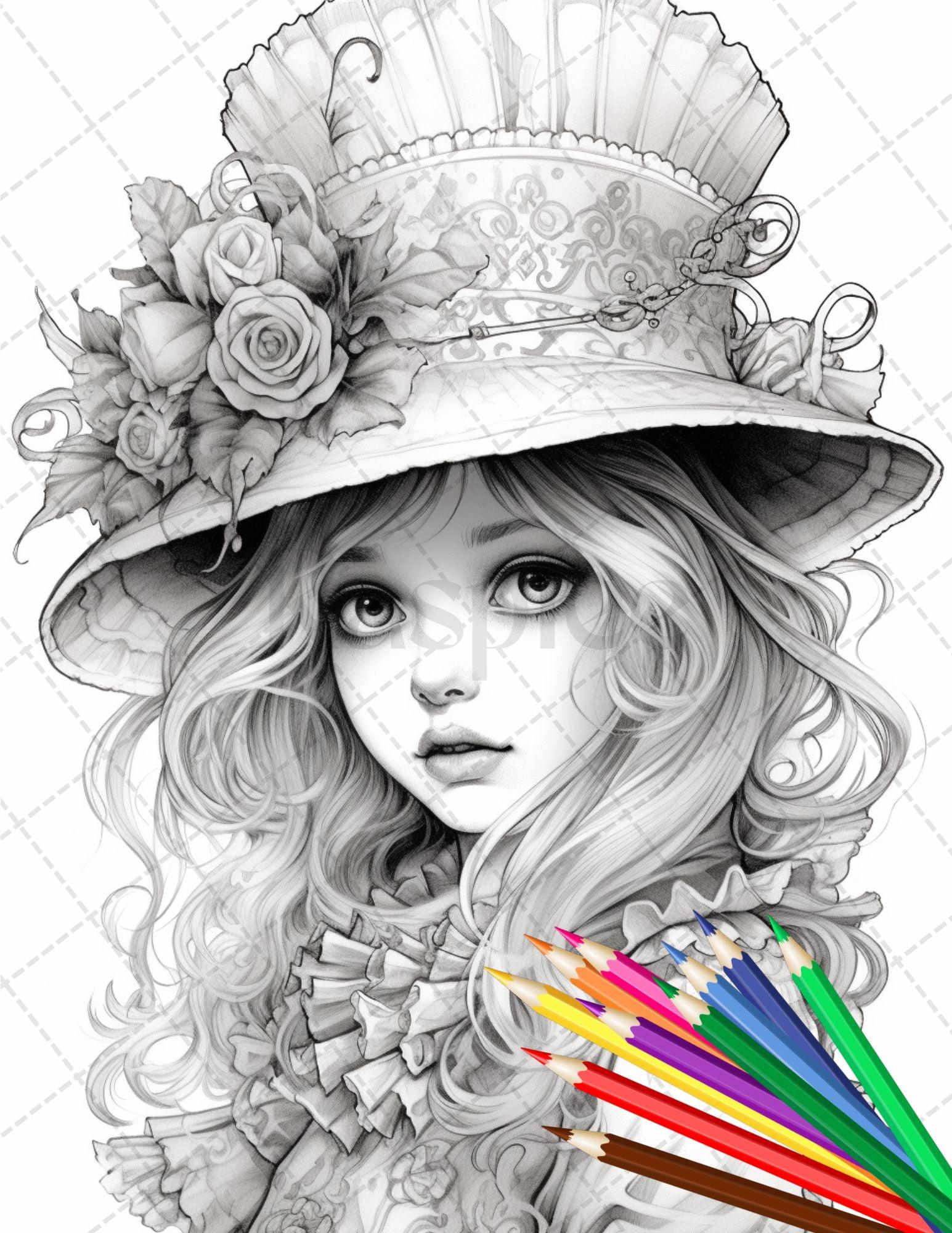36 Beautiful Victorian Girls Coloring Pages Printable for Adults, Grayscale Coloring Page, PDF File Instant Download