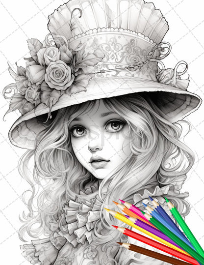 36 Beautiful Victorian Girls Coloring Pages Printable for Adults, Grayscale Coloring Page, PDF File Instant Download