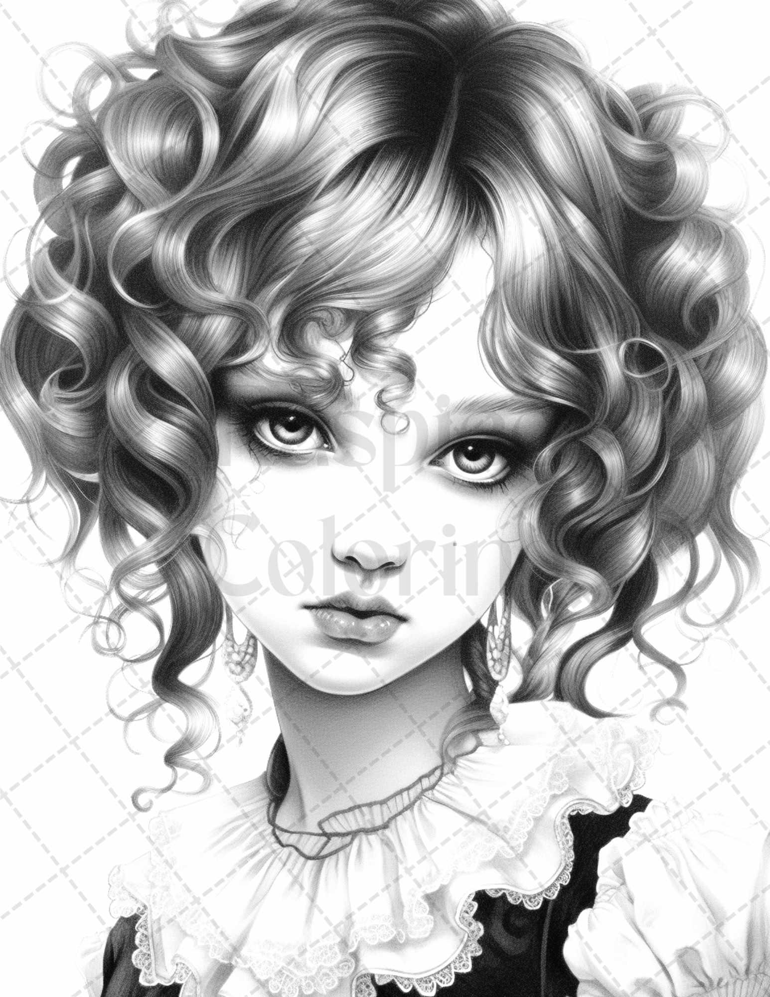 60 Adorable Gothic Girls Grayscale Coloring Pages Printable for Adults, PDF File Instant Download
