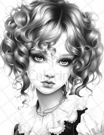 60 Adorable Gothic Girls Grayscale Coloring Pages Printable for Adults, PDF File Instant Download
