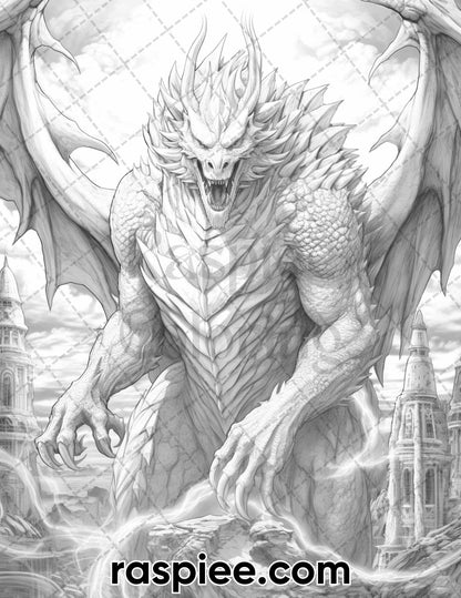 60 Mythical Creatures Grayscale Coloring Pages for Adults, Printable PDF Instant Download