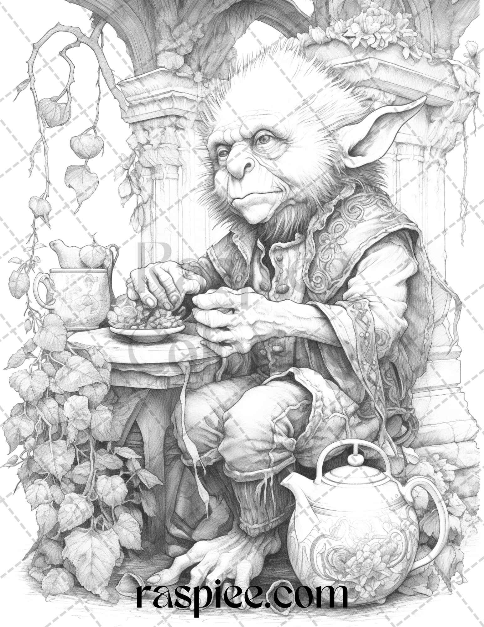 Fantasy Goblins Grayscale Coloring Pages Printable for Adults, PDF File Instant Download