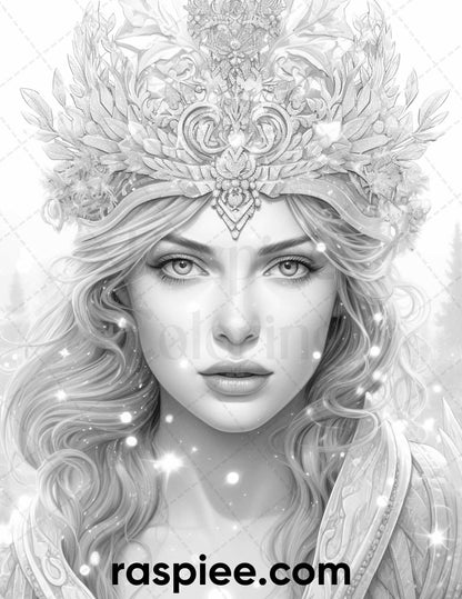 50 Winter Queens Portrait Grayscale Coloring Pages Printable for Adults, PDF File Instant Download