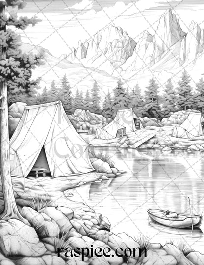 Nature Camping Grayscale Coloring Pages Printable, Relaxing Outdoor Scenes, PDF File Instant Download