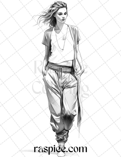 50 Streetwear Fashion Grayscale Coloring Pages Printable for Adults, PDF File Instant Download