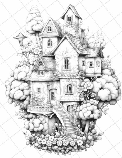 60 Flower Houses Grayscale Coloring Pages Printable for Adults, PDF File Instant Download