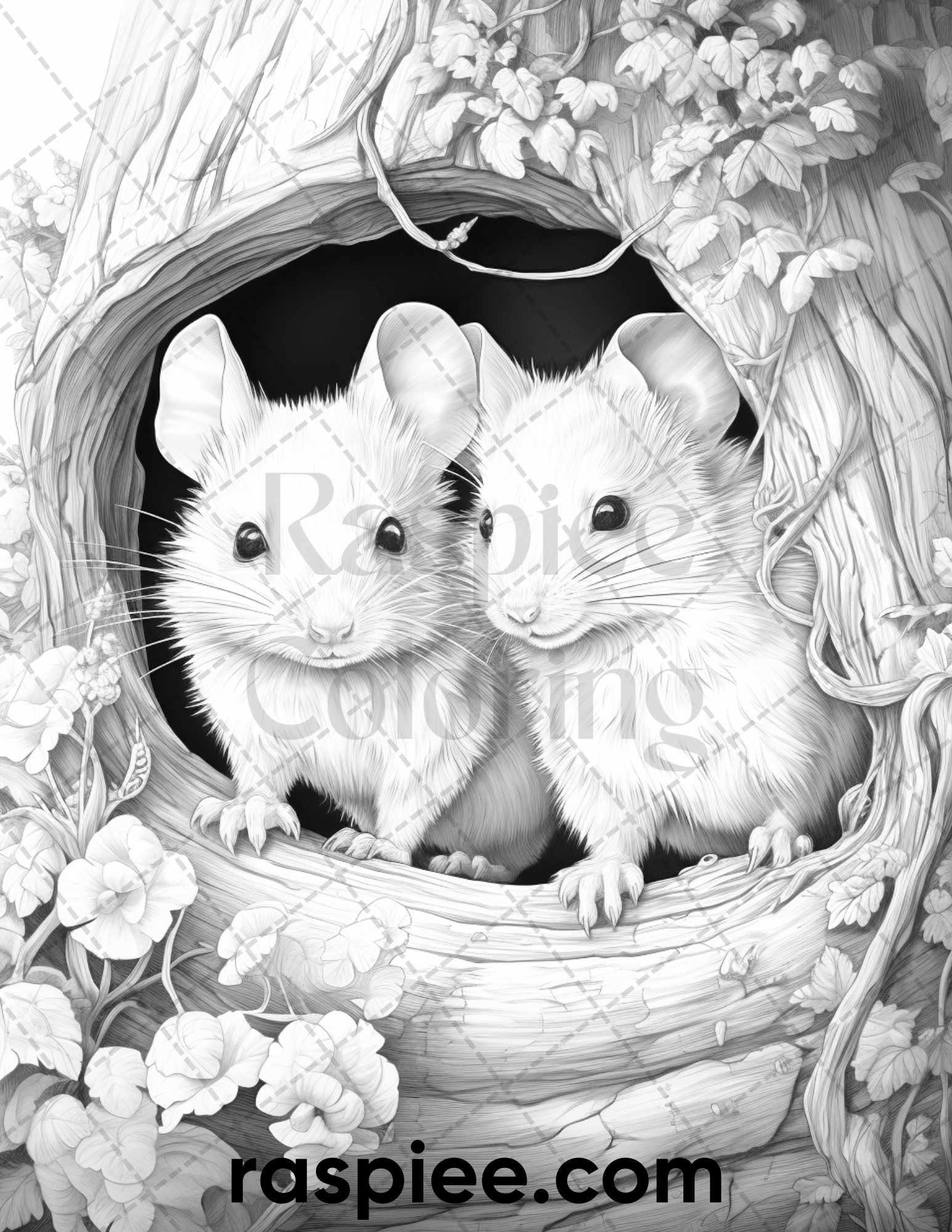 50 Enchanting Fairytale Mice Grayscale Coloring Pages Printable for Adults, PDF File Instant Download