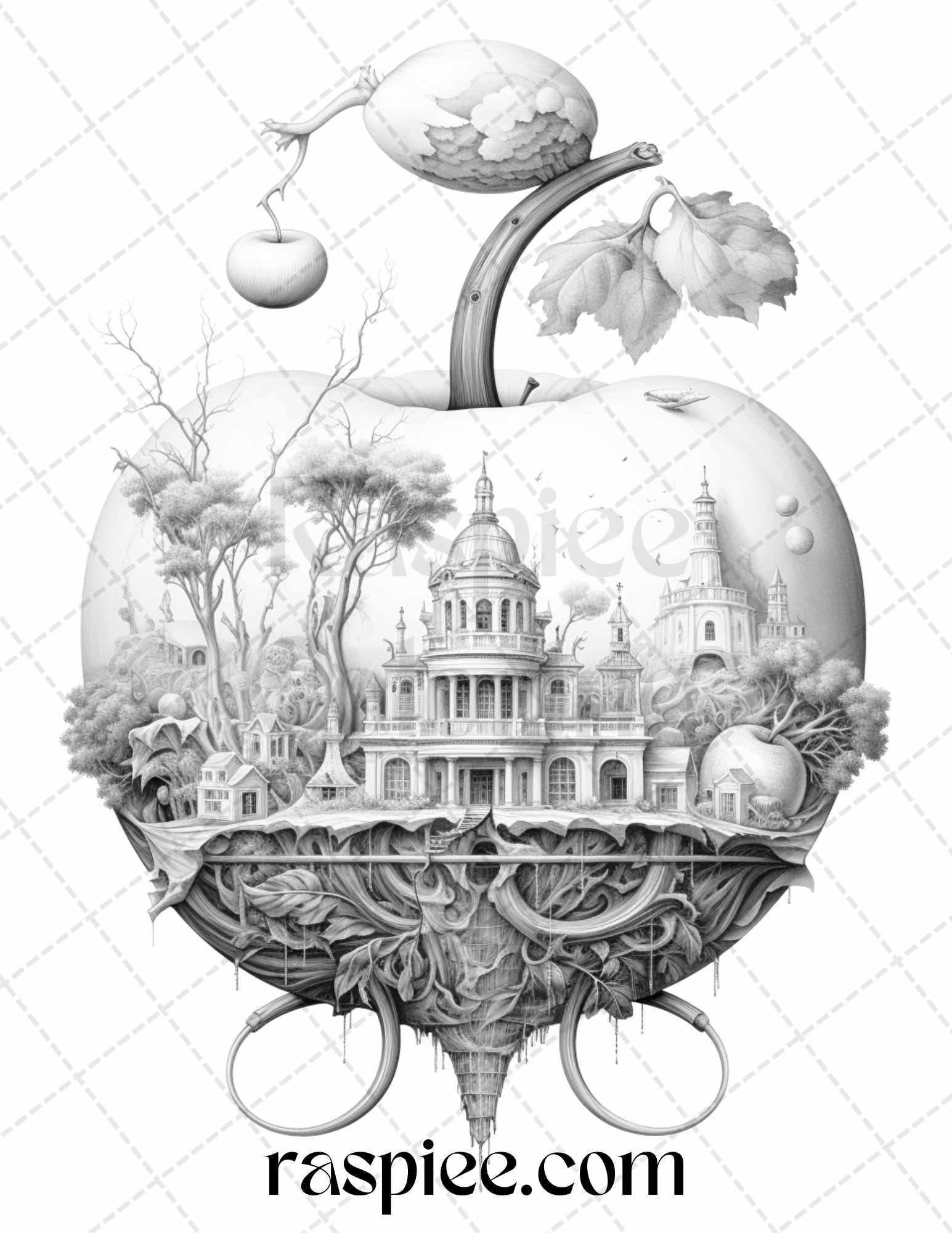 60 Miniworld in the Apple Grayscale Coloring Pages Printable for Adults, PDF File Instant Download