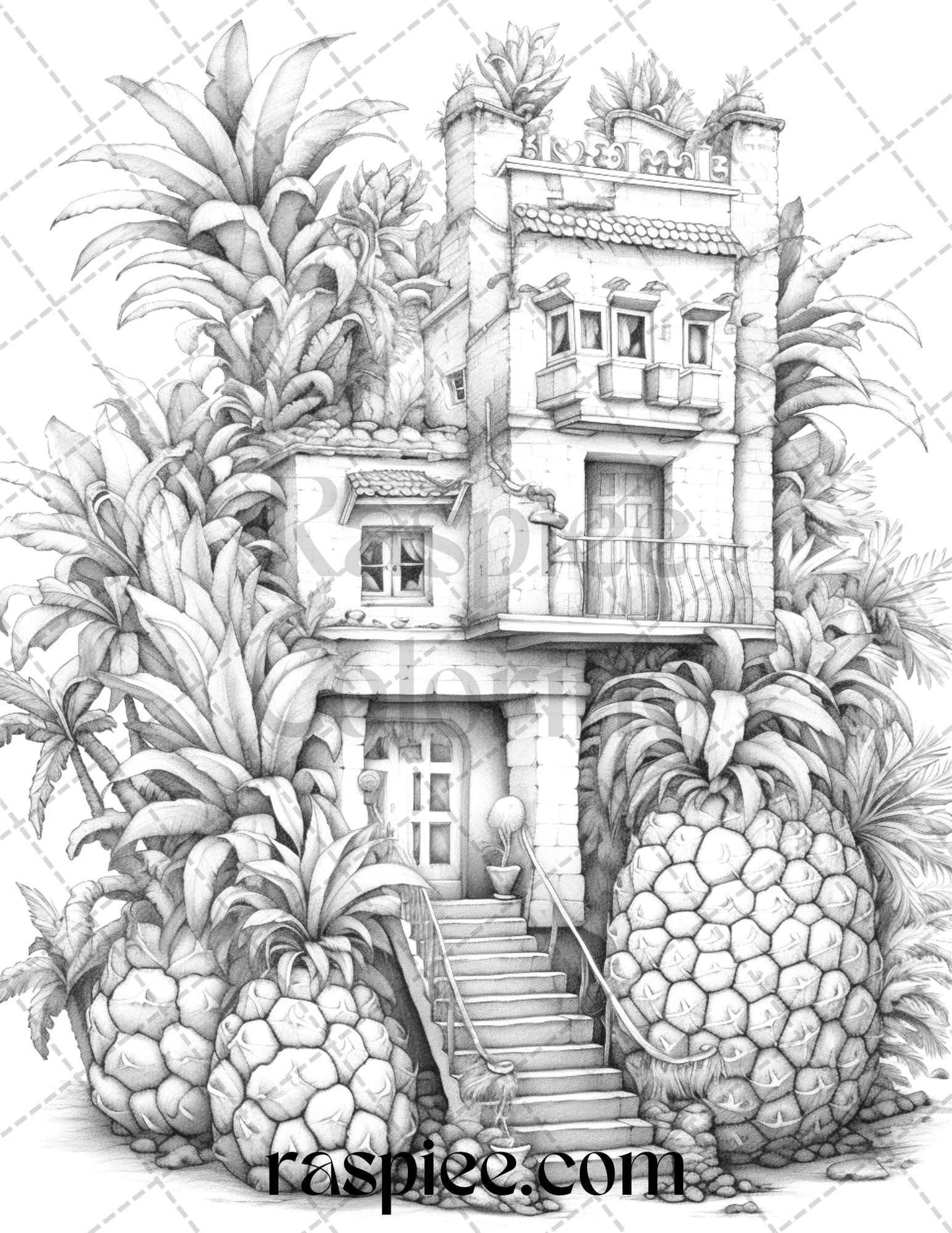 50 Pineapple Houses Grayscale Coloring Pages Printable for Adults, PDF File Instant Download