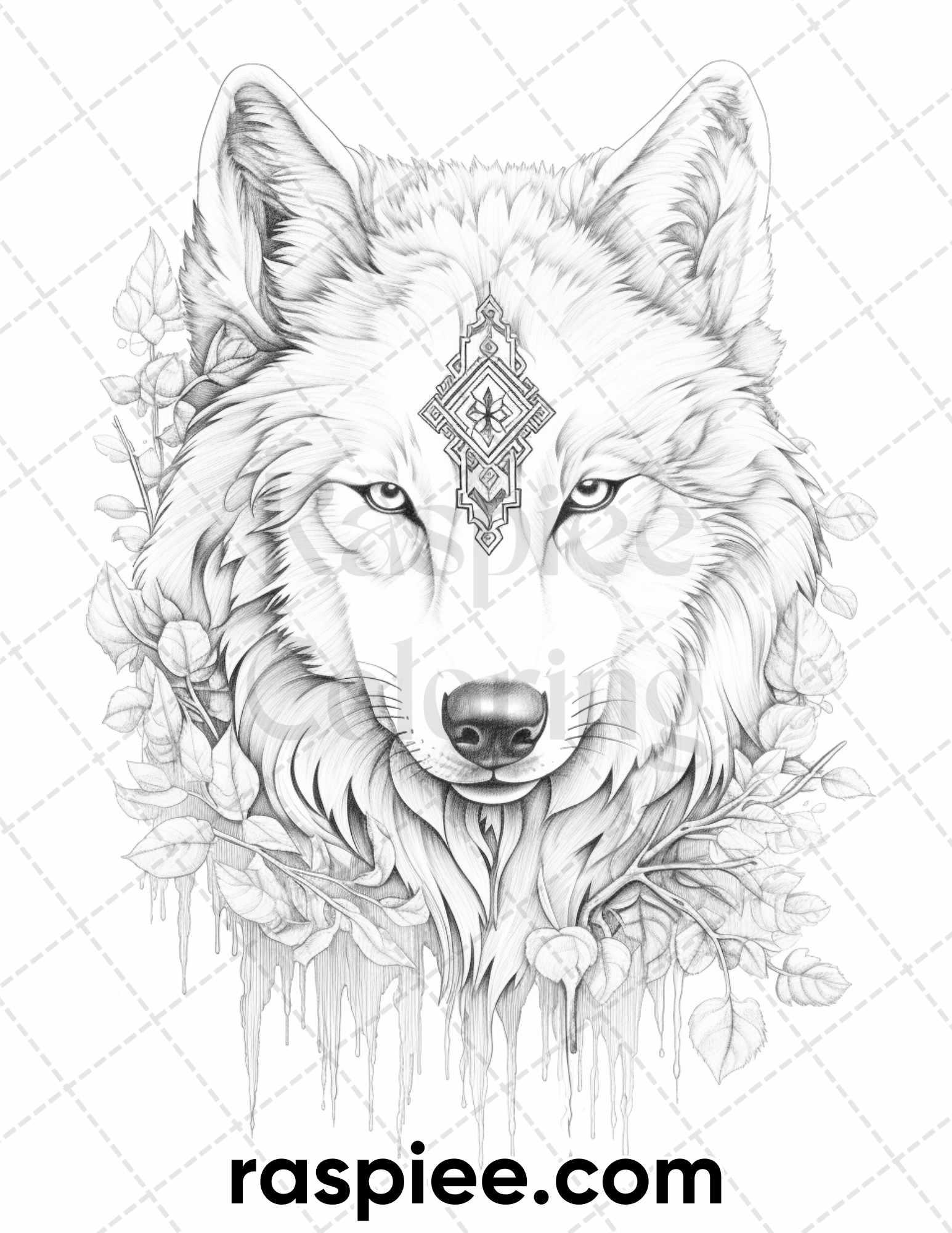 50 Winter Wolf Grayscale Coloring Pages for Adults, Printable PDF Instant Download