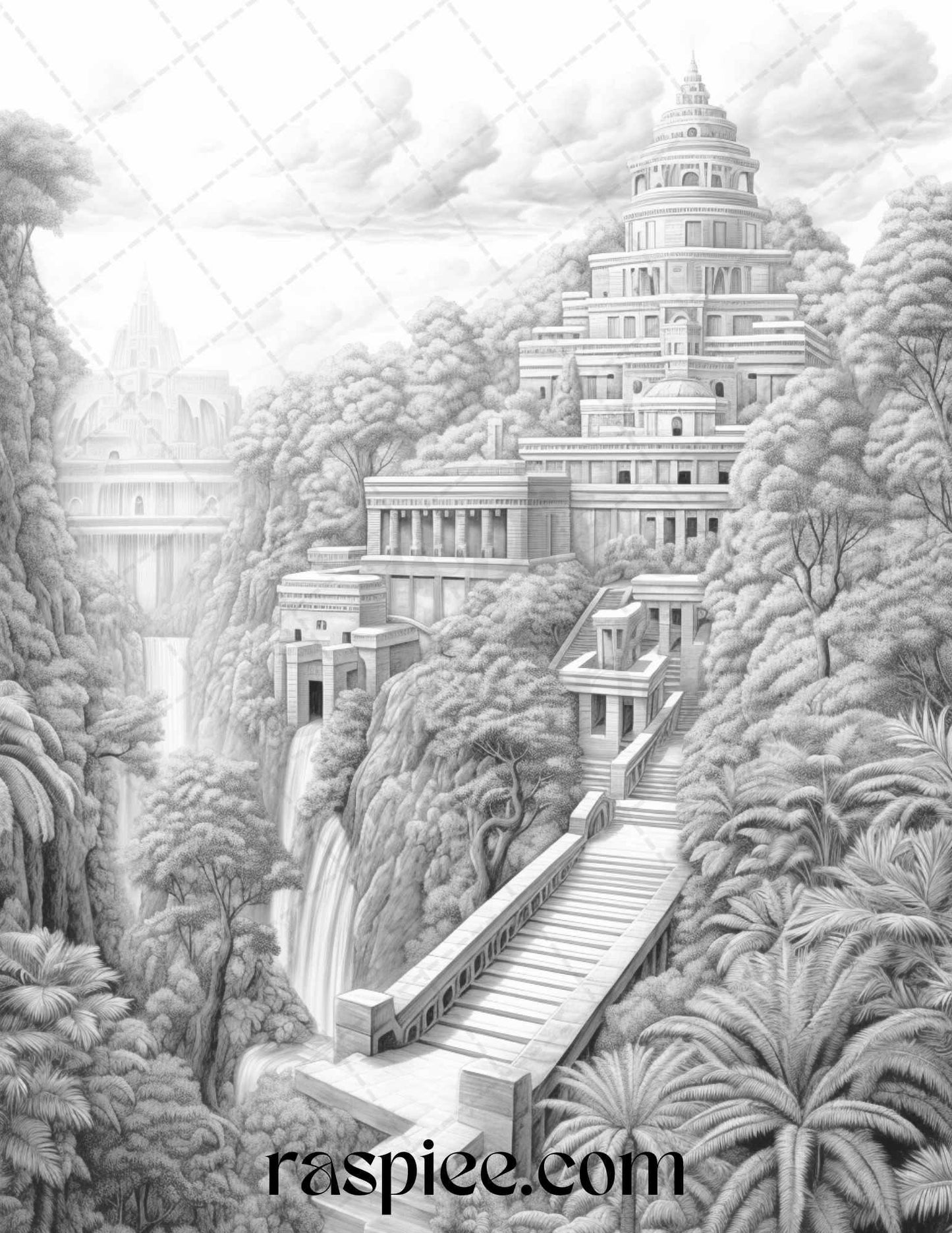 Hanging Gardens of Babylon Grayscale Coloring Pages Printable, PDF File Instant Download