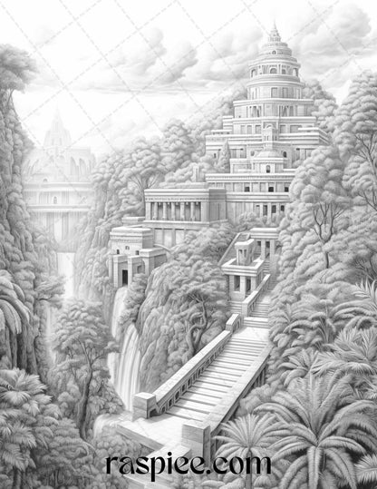 Hanging Gardens of Babylon Grayscale Coloring Pages Printable, PDF File Instant Download