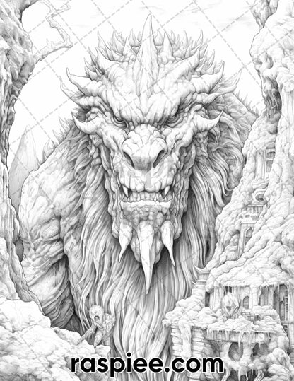 60 Mythical Creatures Grayscale Coloring Pages for Adults, Printable PDF Instant Download
