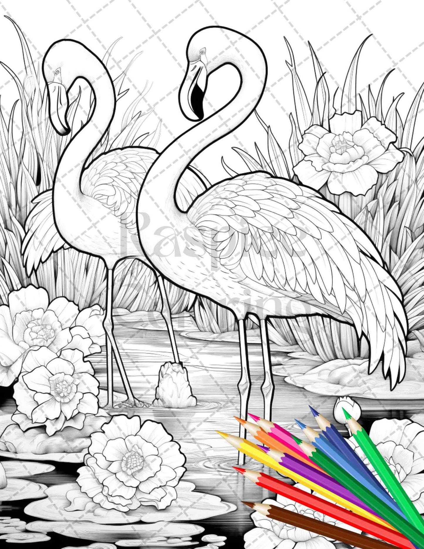 Flamingo Oasis Grayscale Coloring Pages Printable for Adults, PDF File Instant Download