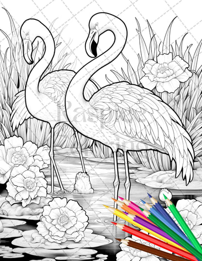 Flamingo Oasis Grayscale Coloring Pages Printable for Adults, PDF File Instant Download