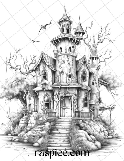 50 Haunted Castles Grayscale Coloring Pages Printable, Halloween Coloring Book, PDF File Instant Download